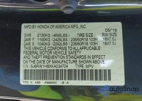 2019 Honda Cr-V Ex-L from USA, damaged, VIN 5J6RW1H8XKA034704